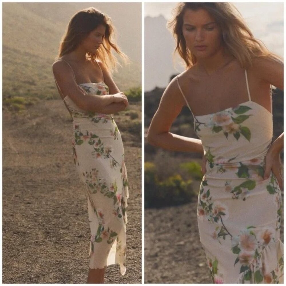 🌺 ZARA Floral Print Ruffled Midi Dress with Side Slit and Open Back
